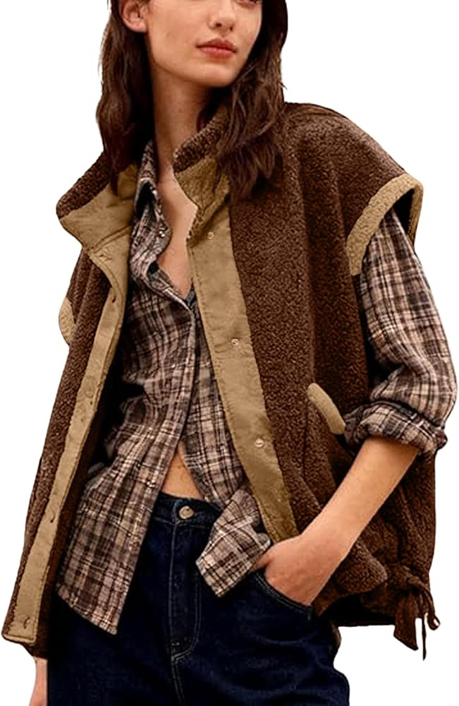 Womens Sherpa Vests Fuzzy Oversized Mock Neck Vest Button Down Winter Warm Clothes | Amazon (US)