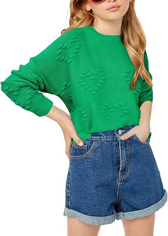 Haloumoning Girls Cute Heart Love Print Sweater Tops Oversized Crew Neck Dot Ball Knitted Valenti... | Amazon (US)