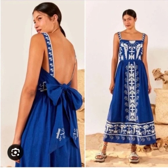 Farm Rio Navy Blue Bow Macaw Embroidered Maxi Dress Large | Poshmark