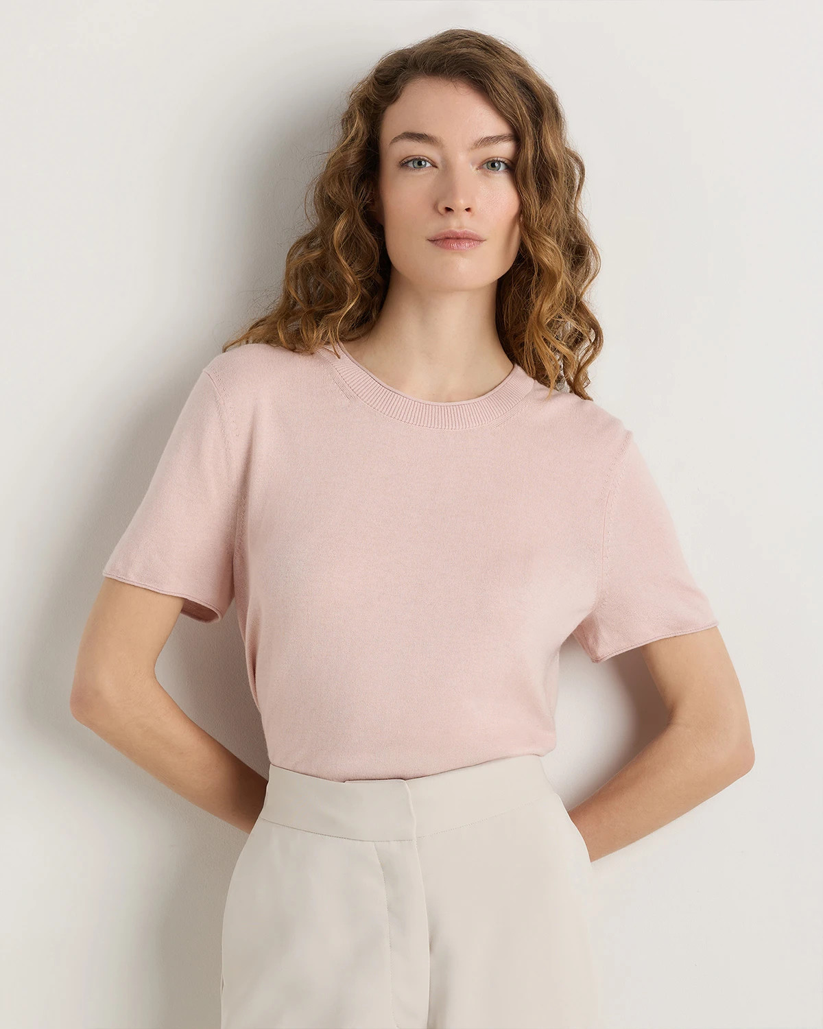 Lightweight Cotton Cashmere Relaxed Sweater Tee in Pale Custard Yellow | Quince