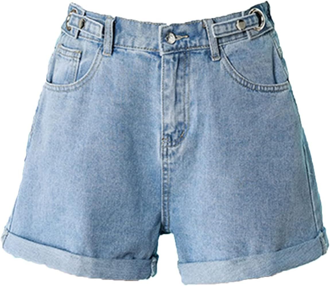 Women's High Waisted Denim Shorts Elastic Waist Folded Hem Hot Denim Shorts Straight Leg Hem Jean... | Amazon (US)