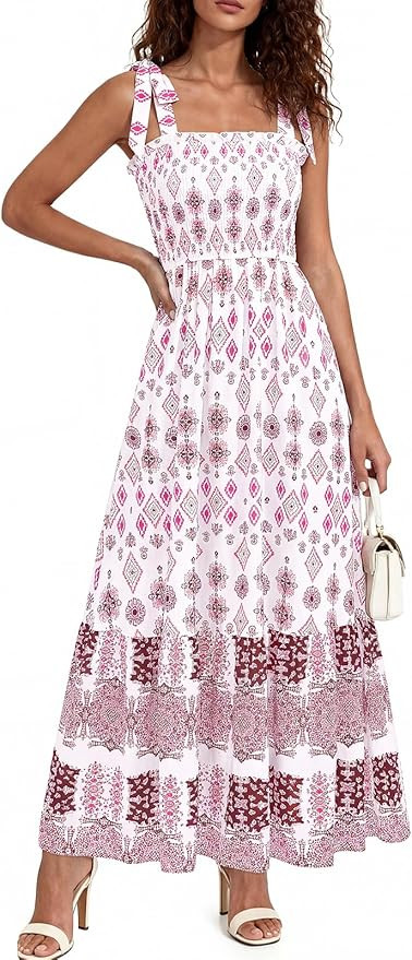 PRETTYGARDEN Women's 2026 Summer Maxi Dress Tie Straps Floral Beach Vacation Long Dresses Smocked... | Amazon (US)