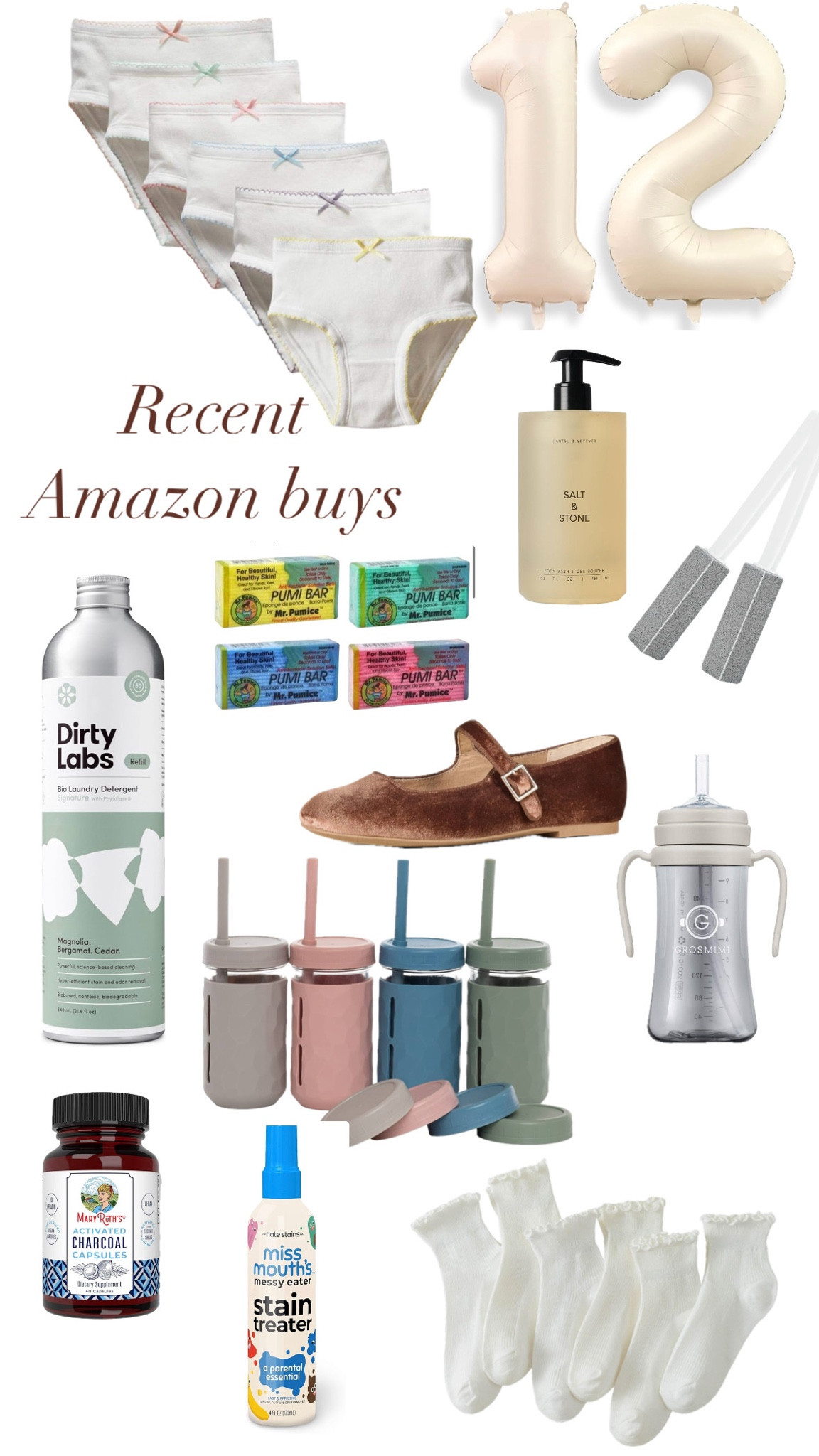 Recent Amazon buys.
Lots of repeats/restocks and some new finds too. 

•This clean laundry detergent smells SO good. 
•My girls favorite socks. (I wear them too)
•No spill sippy that actually doesn’t spill!
•Cutest ivory balloons we used for my daughter’s birthday and got so many questions about them. 
•Favorite pumice stones for heels. Keep in your shower and use daily. 
•Activated charcoal to detox and prevent stomach flu! (school germs are back 😬)
•Toilet bowl scrubbing stones. •These get the hard water/mineral off!!
•Velvet Mary Jane’s for fall! Cute!! The price is amazing too. 
•Found these cute, simple underwear for my toddler. 
•New cups for smoothies. I’m determined to make healthier snacks for my kids. 
•Stain remover! I go through this stuff like crazy. It works on kids clothes like a charm.

#LTKFindsUnder50 #LTKFamily