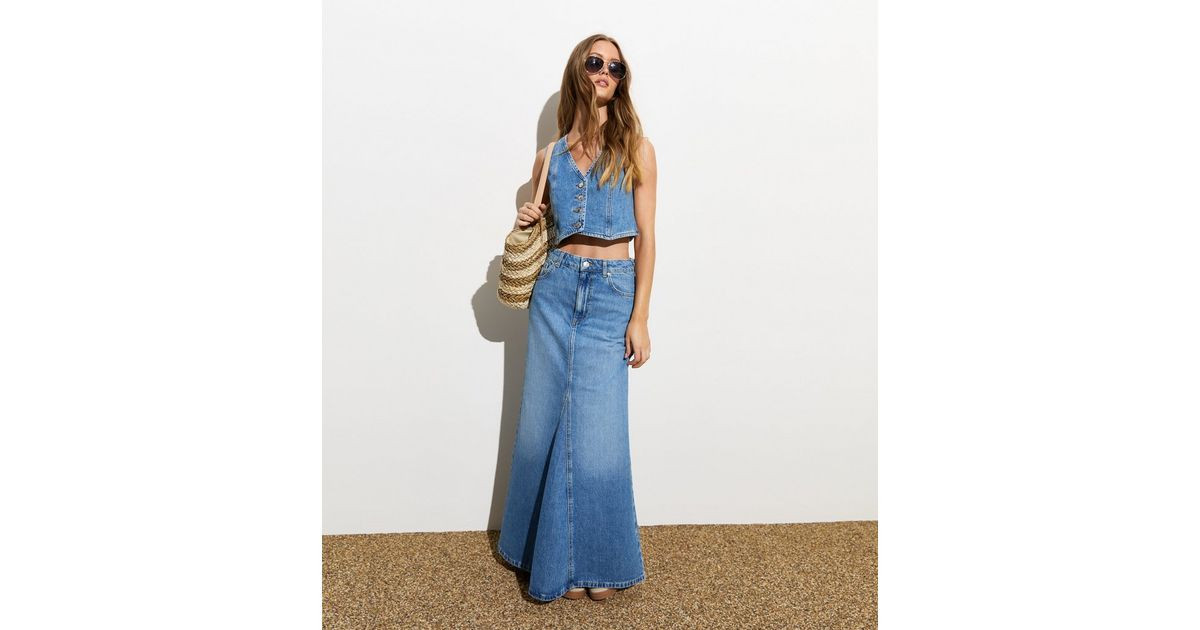 Blue Crop Denim Waistcoat  | New Look | New Look (UK)