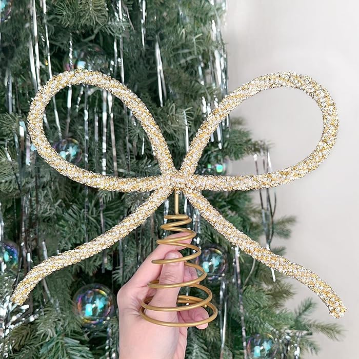 Christmas Decorations - Christmas Decor - Gold Glass Rhinestone Bow Tree Topper - Xmas Holiday Tr... | Amazon (US)