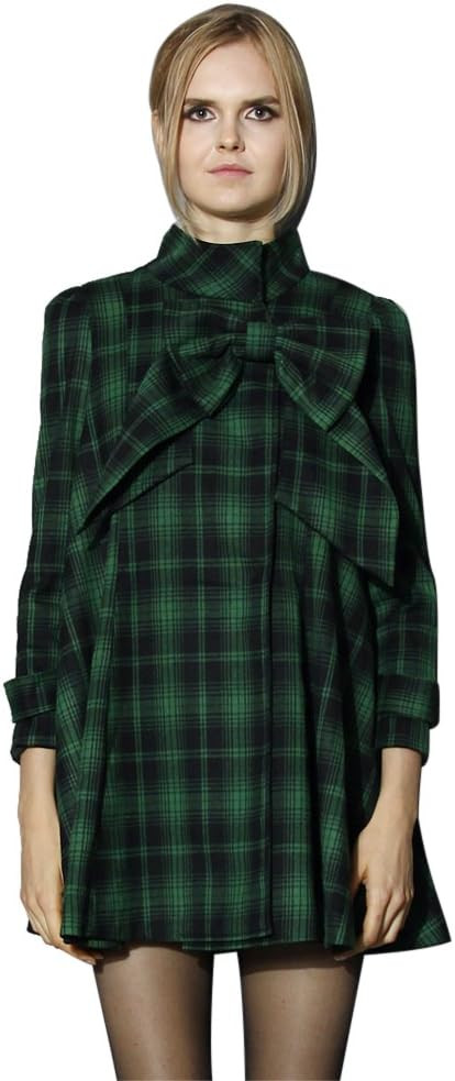 CHICWISH Women's Comfy Casual Warm Big Bow Green/Red Tartan Check Dolly Dress Coat | Amazon (US)