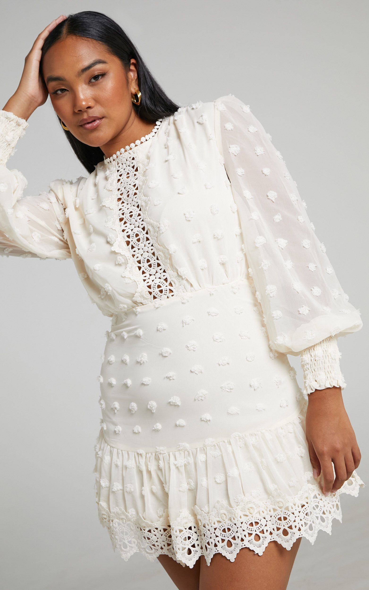 Meihna Embroidered Long Sleeve Mini Dress in Cream | Showpo | Showpo - deactived