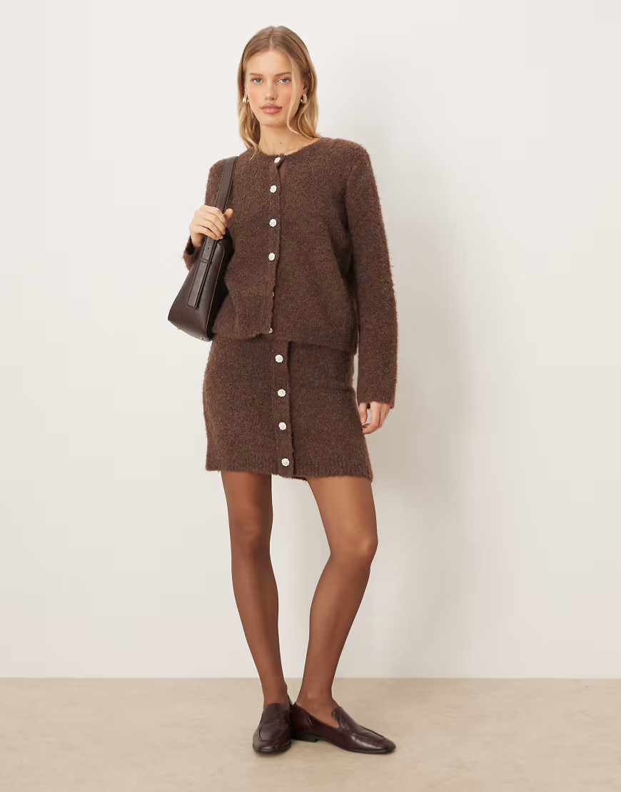 YAS boucle mini skirt co-ord with ornate buttons in chocolate brown | ASOS (Global)