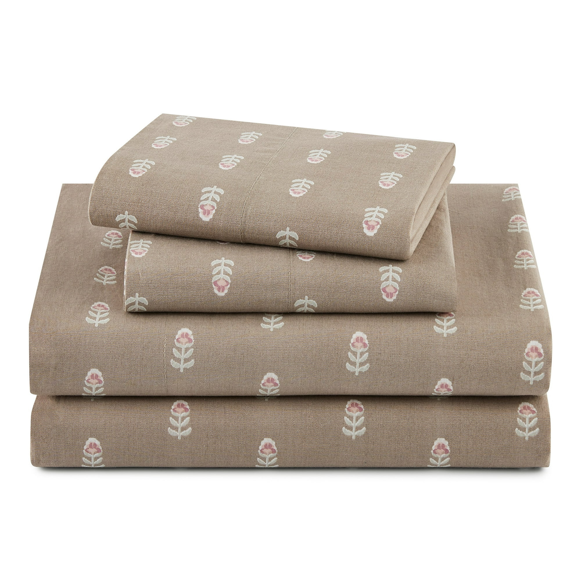 Beautiful Signature Floral 4-Piece 100% Cotton Washed Percale Fawn Sheet Set, Queen by Drew Barry... | Walmart (US)
