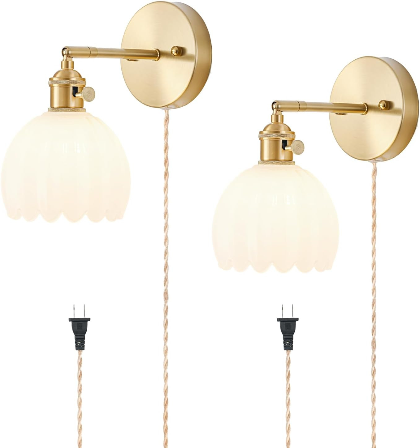 Plug in Wall Sconces Set of 2, Vintage Wall Sconce Light with Tulip Milk White Glass Lampshade, Bedroom Wall Sconce with Switch and Plug in wall lamp Cord, Gold Wall Light Wall Decor Set of 2 | Amazon (US)