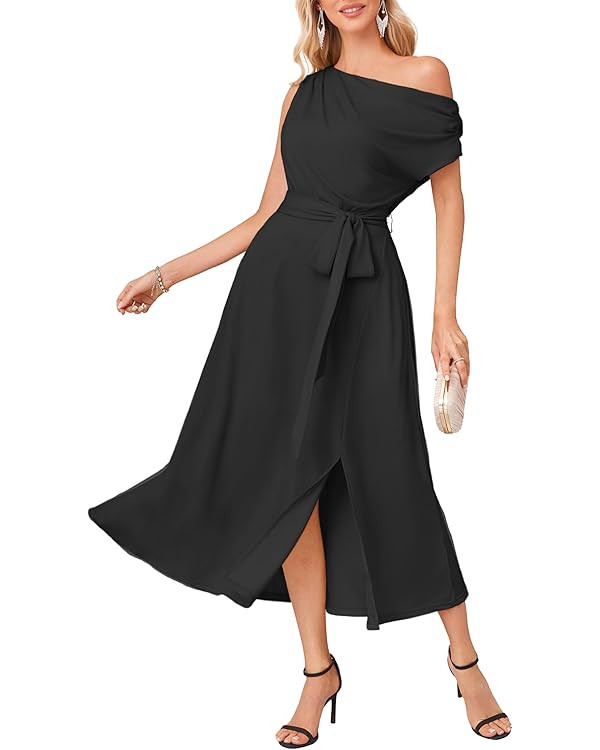 GRACE KARIN Women's Sleeveless One Shoulder Midi Cocktail Party Dress Tie Waist Elegant A-Line Fl... | Amazon (US)