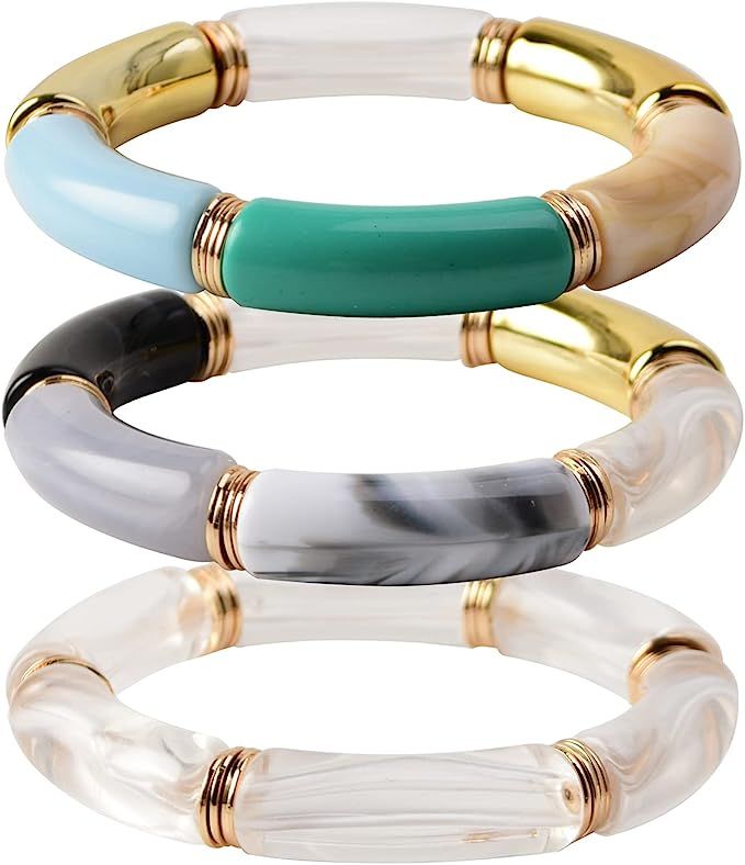 Bamboo Tube Bangles Bracelet Chunky Curved Stacking Clear Acrylic Colorful Beads Stretchable Frie... | Amazon (US)