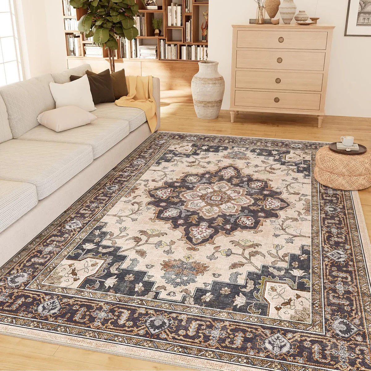 Bliss | Custom Vintage Flower Rugs Washable Print Carpet Runner Coffee | Homerilla