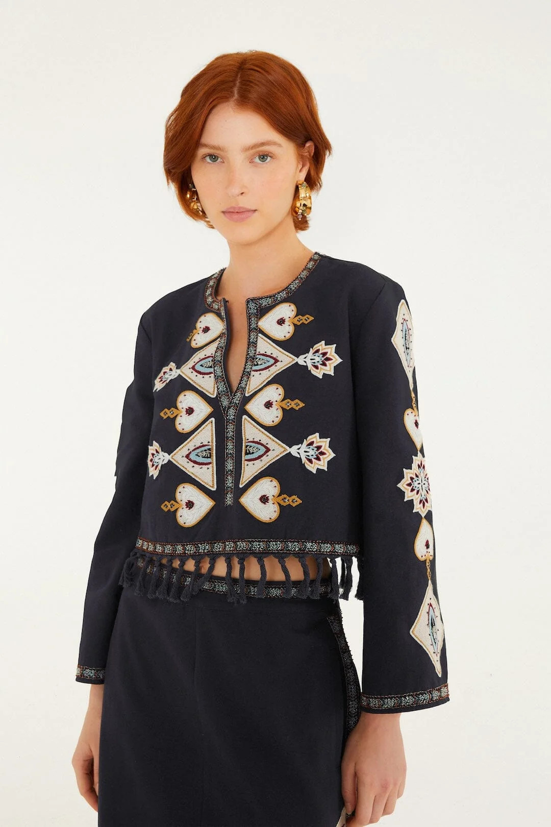 Embroidered Long Sleeve Fringe Crop Top, BLACK / M | FarmRio (US)