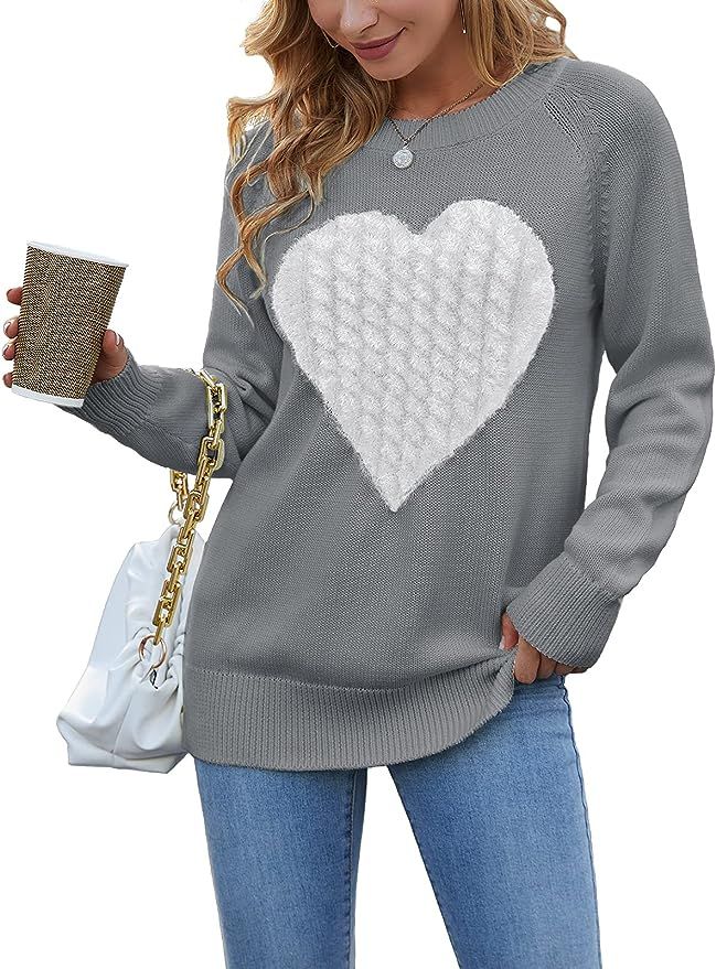 Grooree Women's Cotton Cute Heart-Fluff Pullover Sweater Crewneck Long Sleeve Cable Knitted Sweat... | Amazon (US)
