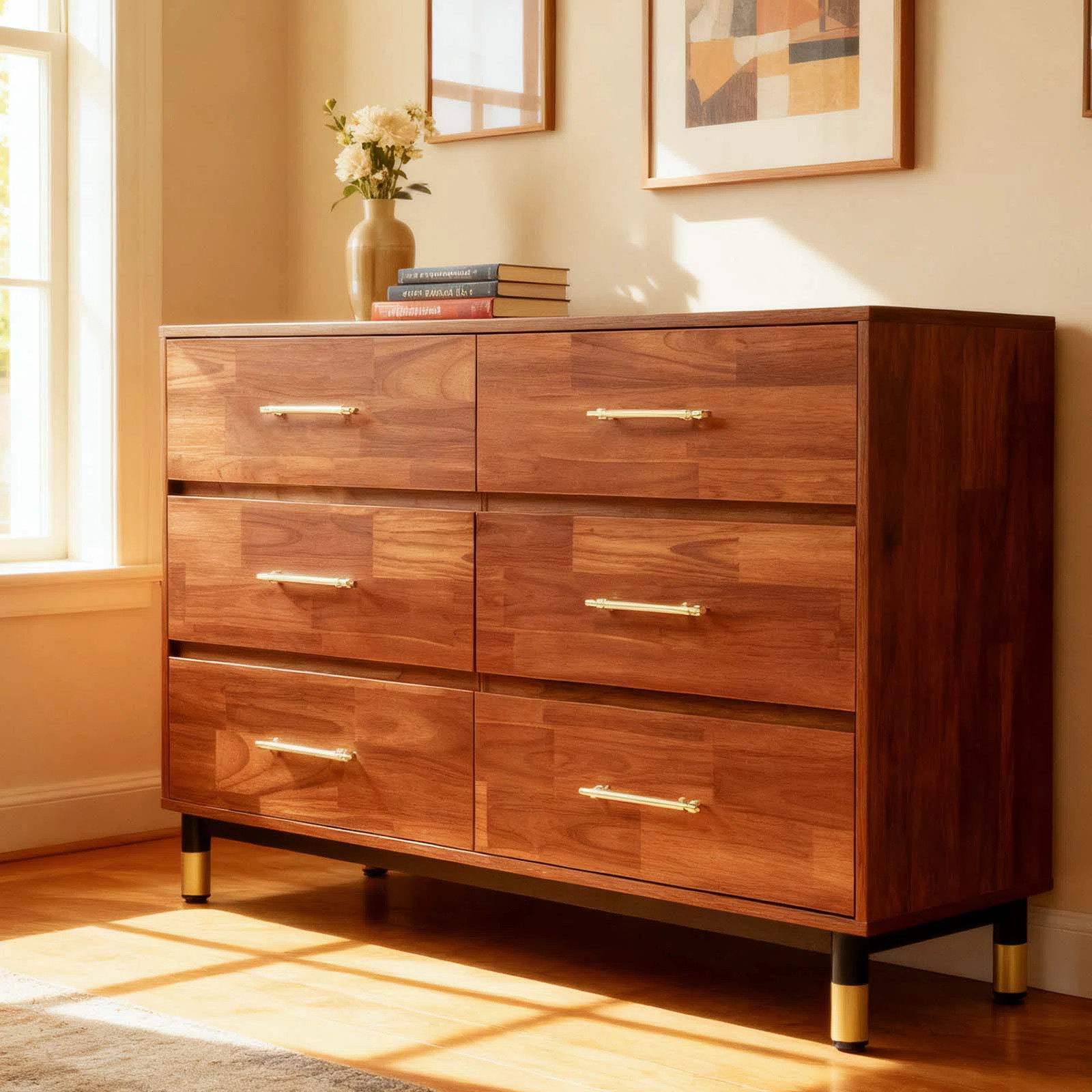 Walnut Dresser for Bedroom, 6 Drawer Brown Wood Dresser with Modern Storage Organizer, Wide Chest... | Wayfair North America