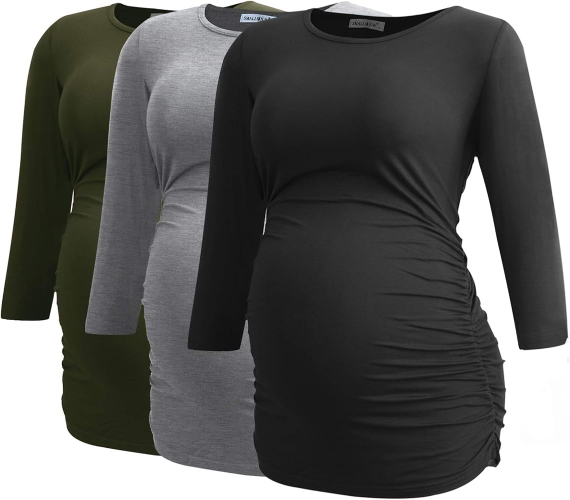 Smallshow Women's Maternity Tunic Tops Clothes 3/4 Sleeve Ruched Pregnancy Shirt Medium Army Gree... | Amazon (US)