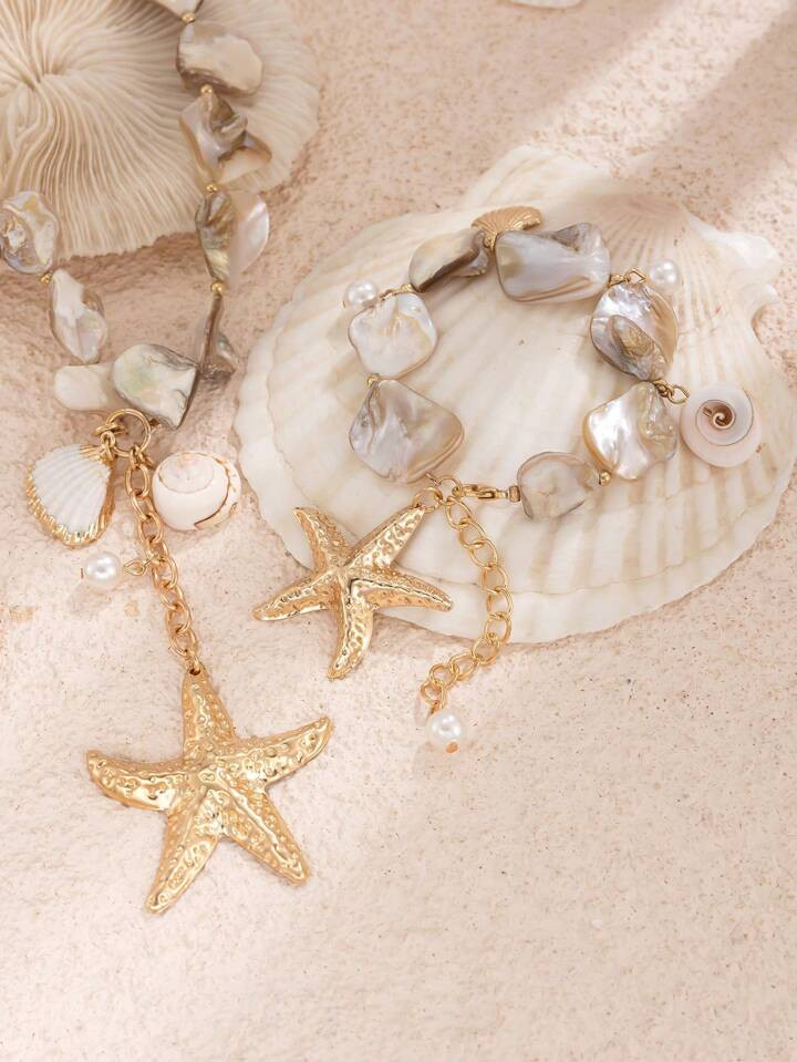 2pcs Bohemian Style Vintage Ocean Element Luxury Beaded Necklace And Bracelet Set, Metal Starfish Pendant Faux Pearl Collarbone Necklace For Women, Daily Wear And Beach Vacation Decoration, Gift Jewelry Set. Shell Shape Pattern Color Random. | SHEIN