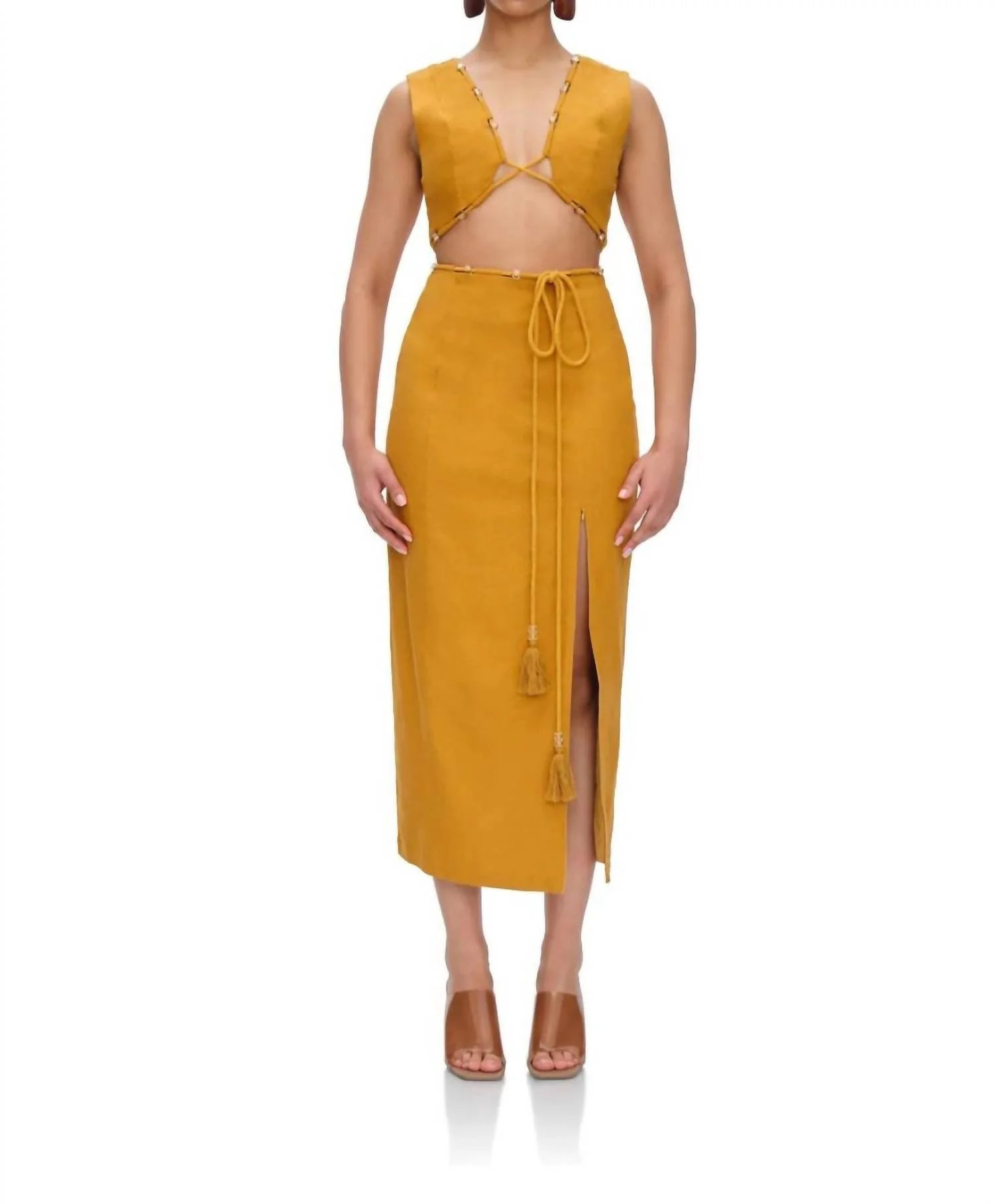 Women's Vela Cut Out Midi Dress In Mustard | Shop Simon