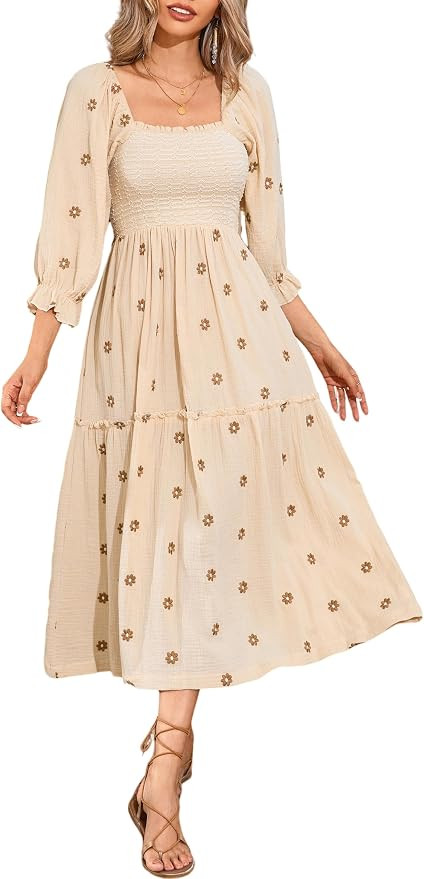 R.Vivimos Women's Cotton Floral Embroidered Boho Midi Dress with Pockets | Amazon (US)