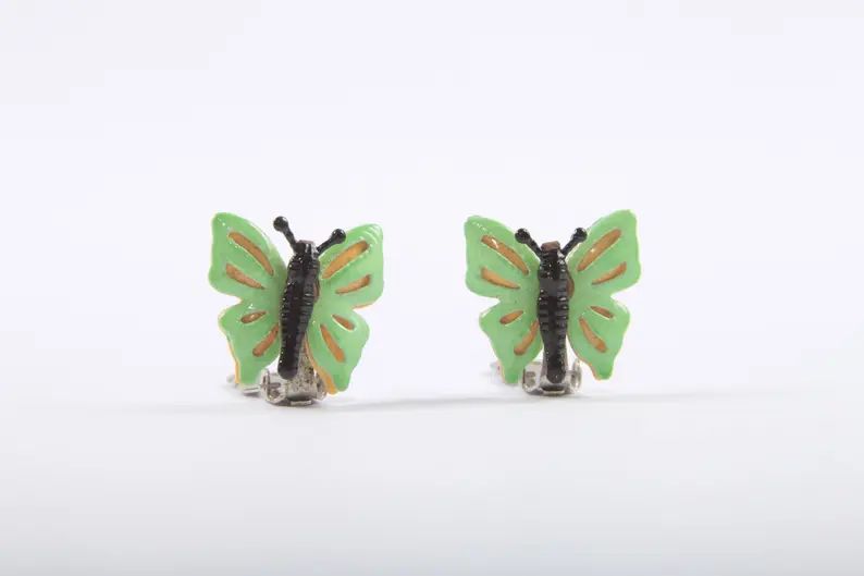Butterfly Earrings Vintage Green Enamel Black Clip Ons - Etsy Canada | Etsy (CAD)