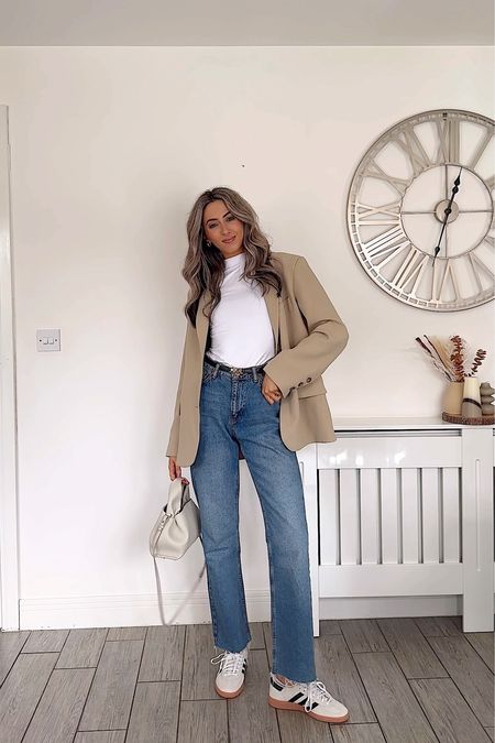 Spring outfit, spring style, beige oversized blazer, white tshirt, blue denim jeans, straight leg jeans, adidas spezials. 

#LTKstyletip #LTKeurope #LTKSeasonal