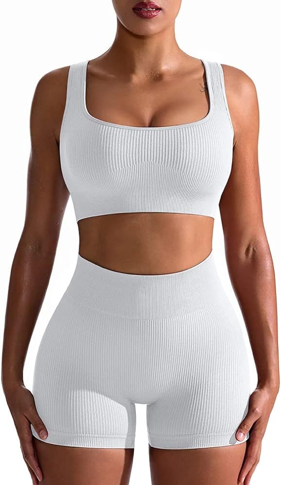 OQQ Workout Outfits for Women 2 Piece Seamless Ribbed High Waist Leggings with Sports Bra Exercise S | Amazon (US)