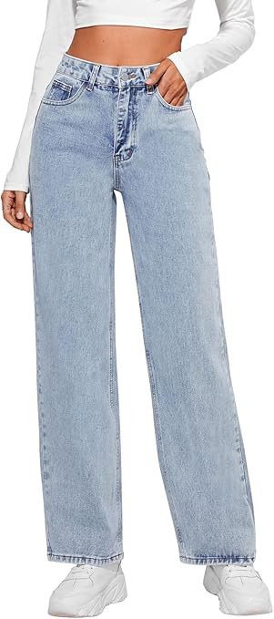 SweatyRocks Women's Casual Loose High Waist Solid Straight Wide Leg Jeans | Amazon (US)