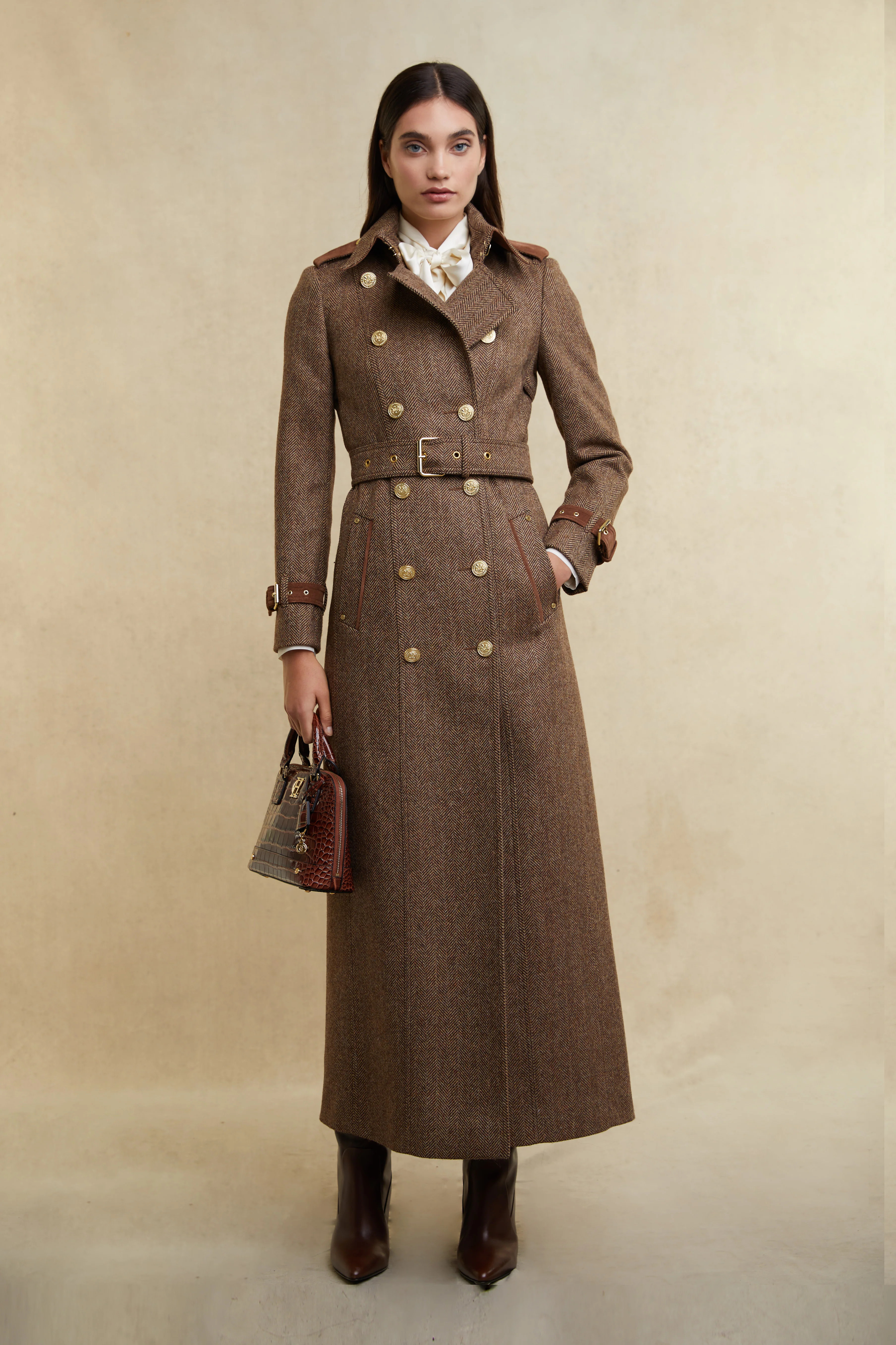 Full Length Marlborough Trench Coat (Large Scale Brown Herringbone) | Holland Cooper