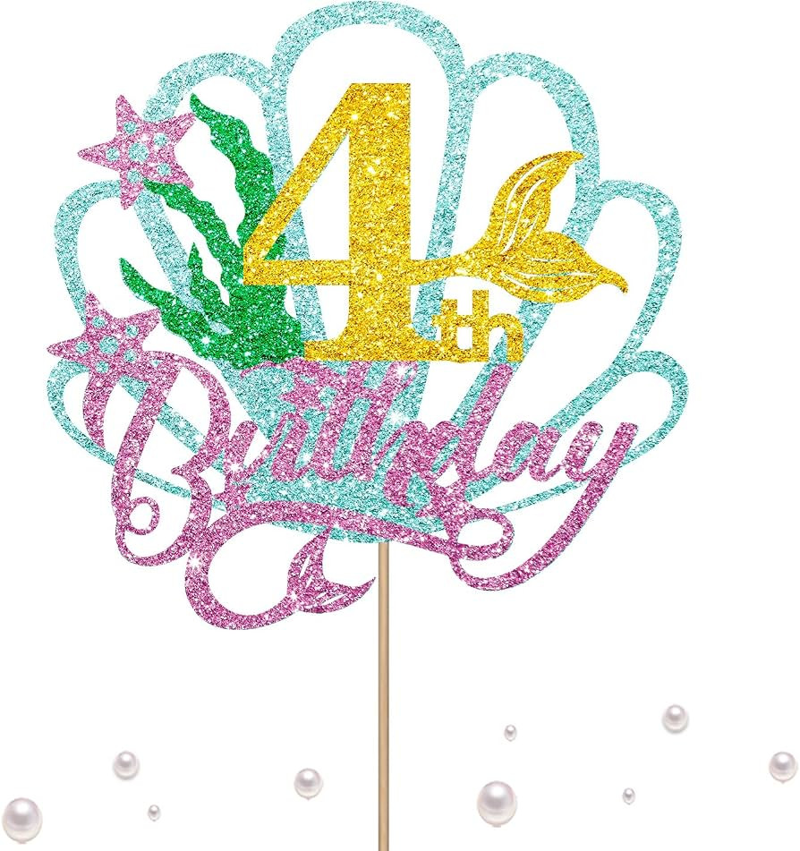 Mermaid Four Cake Topper, Happy 4th Birthday Cake Decor for Baby Girl, Little Mermaid Birthday Pa... | Amazon (US)