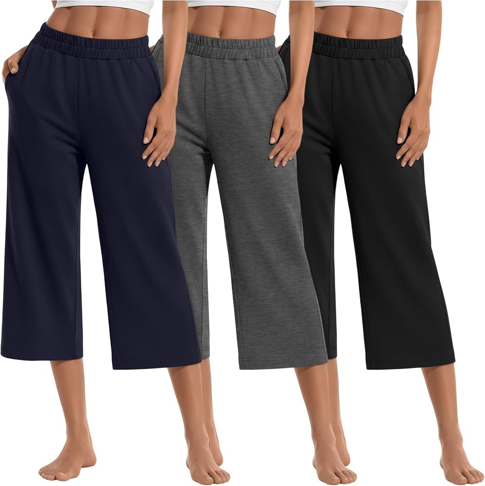 Sweetyweee 3 Pack Women's Wide Leg Capris Loose Cropped Yoga Pants Elastic Soft Sweatpants Capri ... | Amazon (US)