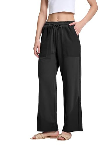 HYLLGUD Womens Wide Leg Pants Casual Elastic Drawstring Waist Palazzo Pants with Pockets Lounge Pants Sweatpants(Black-XL) | Amazon (US)