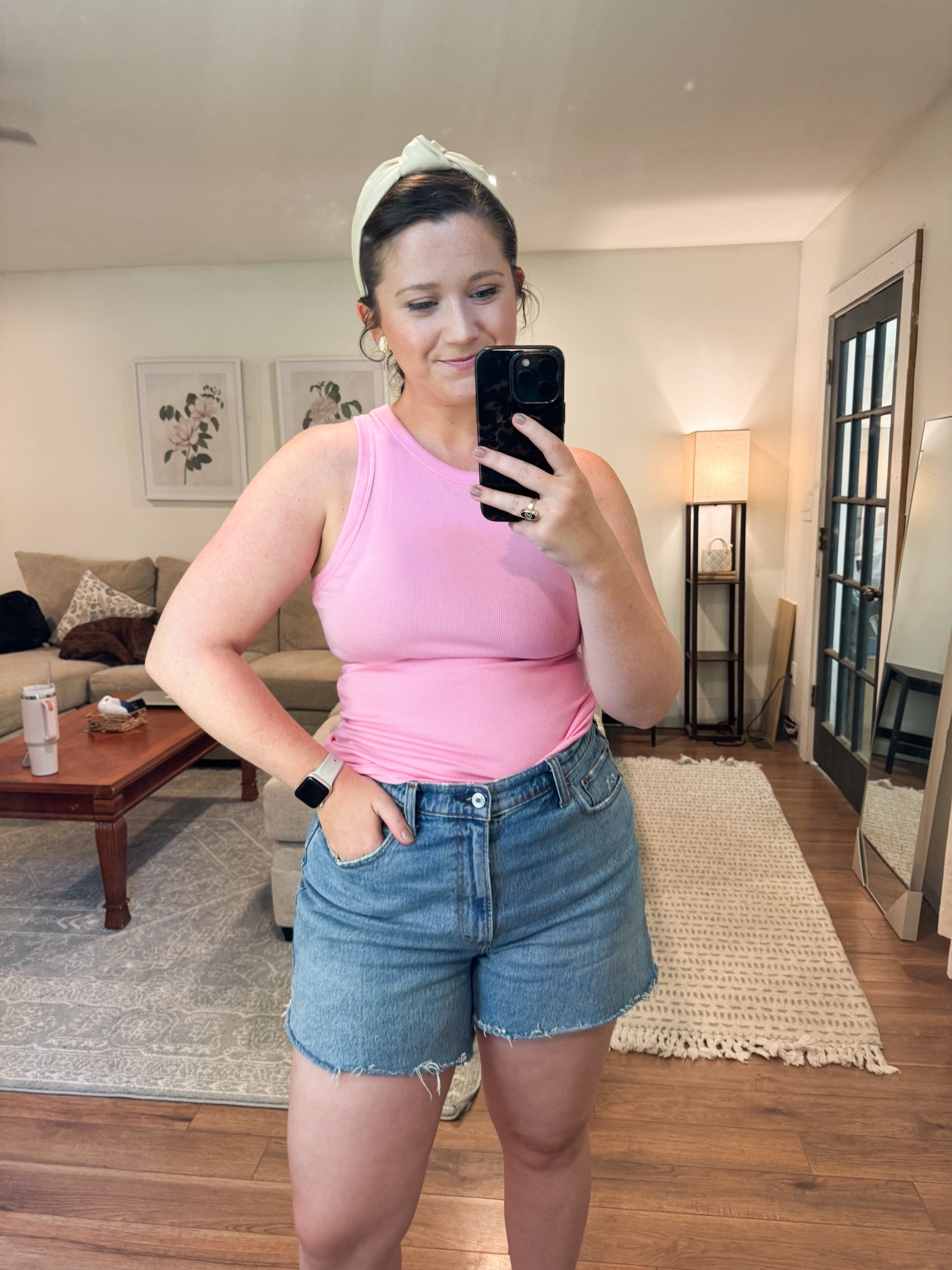 Summer outfit ideas! Pink tank top. Denim shorts