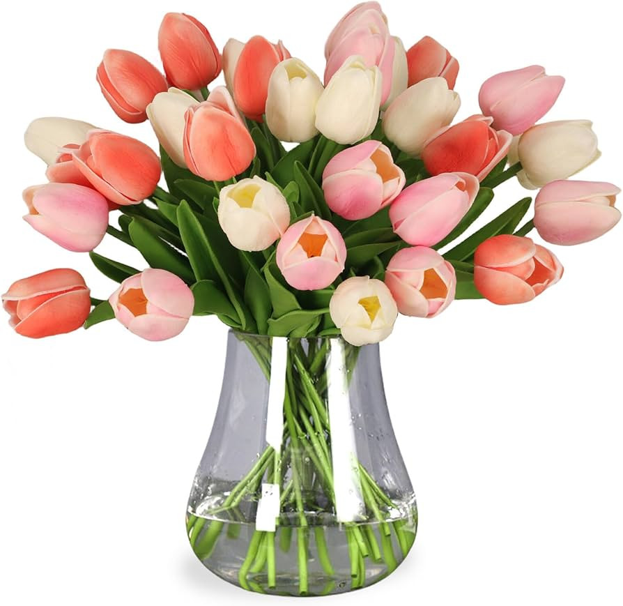 WeTop 30pcs Tulips Artificial Flowers, Real Touch Fake Flowers Home Decor, Faux Tulips Bouquets A... | Amazon (US)
