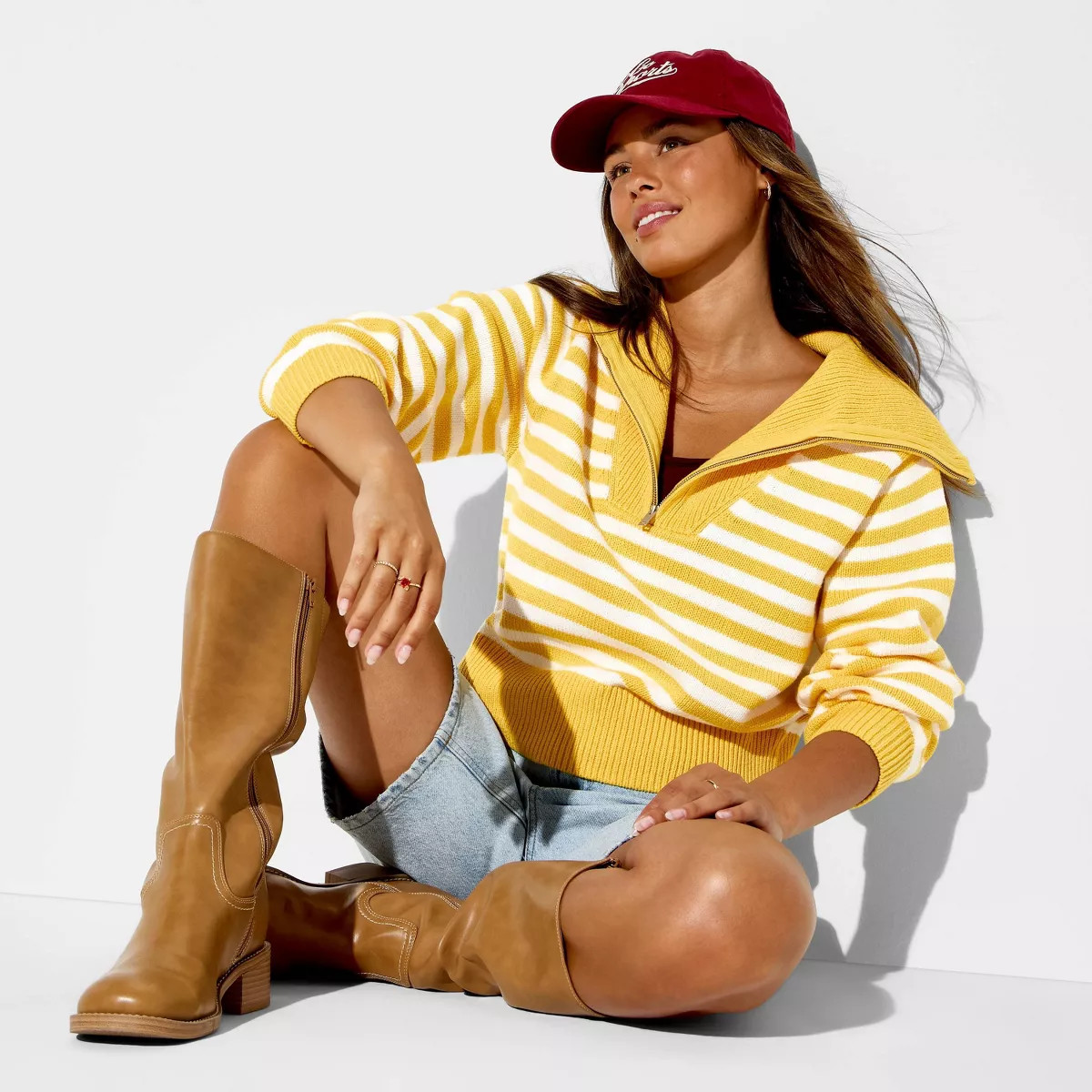 Women's Long Sleeve Quarter Zip Polo Sweater - Wild Fable™ Gold Striped L | Target