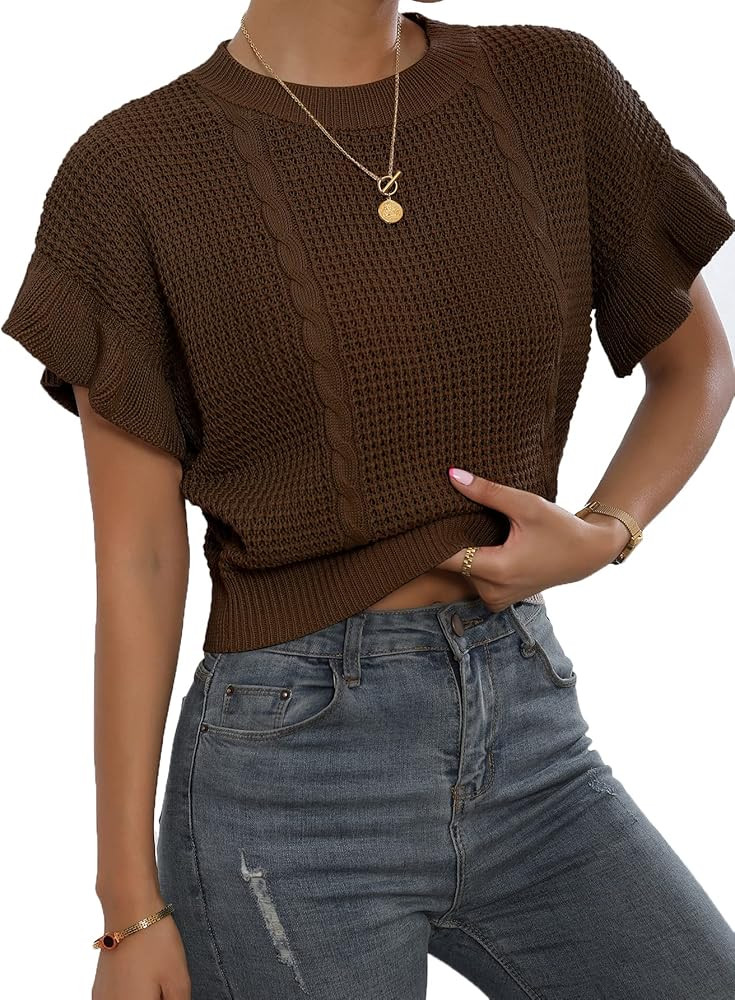 Verdusa Women's Ruffled Short Sleeve Round Neck Knitted Crop Top Pullovers Sweater | Amazon (US)