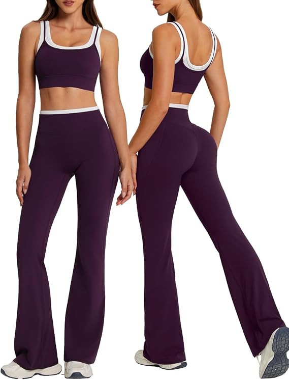 OMKAGI Layered Workout Sets for Women Flare Leggings U Back Pilates Outfits | high waisted flare ... | Amazon (US)