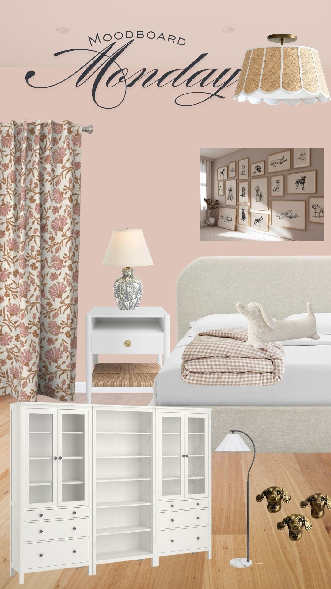 Giveaway winner! Loves: light pink and dogs. Needs: space to display all of her collections. This girls room design checks all of those boxes, and allows her space to grow into her teens! A pink color drenched room, with fun accents  