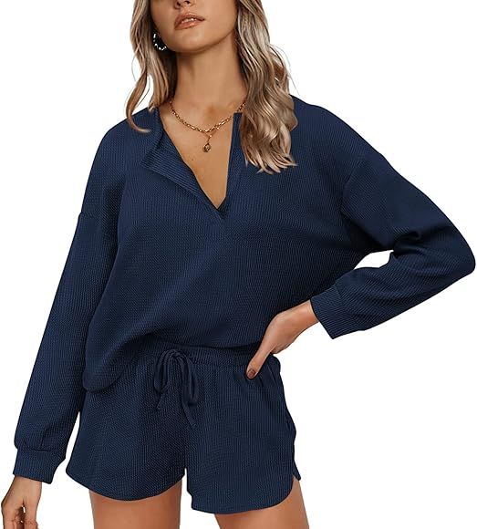 Ekouaer Pajamas Womens Waffle Knit Lounge Set Long Sleeve Top and Shorts 2 Piece Loungewear Outfits  | Amazon (US)