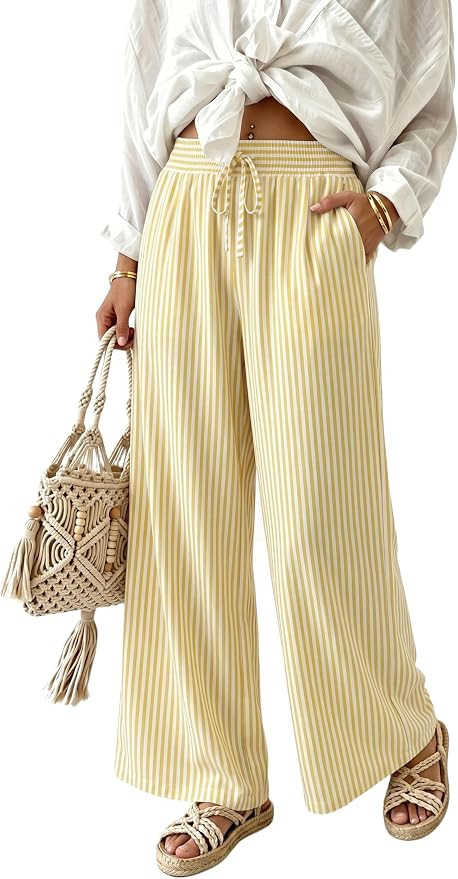 IWOLLENCE Women's Wide Leg Striped Pants High Waist Straight Lounge Gingham Work Pant Casual Loos... | Amazon (US)