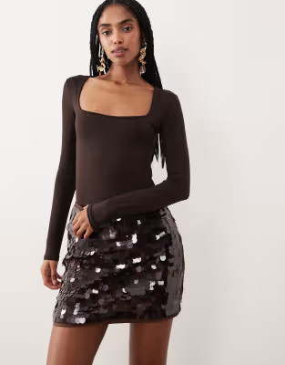 Abercrombie & Fitch curve love ultra high rise scarlett skort in brown sequins | ASOS (Global)