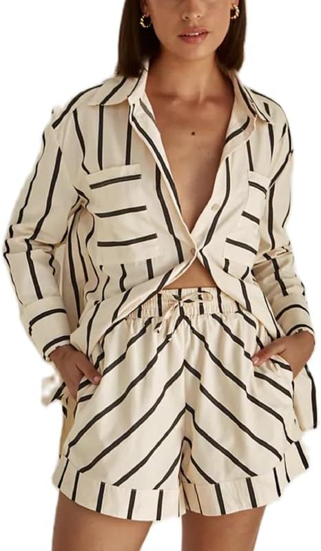 Striped Lounge Sets for Women 2 Piece Casual Y2K Outfits Oversized Button Down Shirt Shorts Pajam... | Amazon (US)