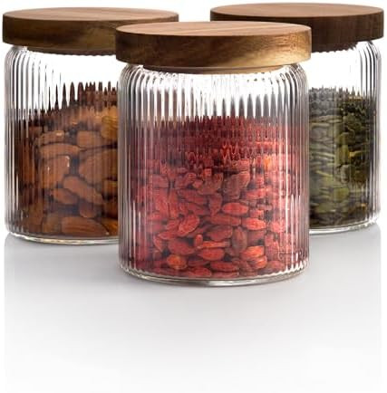 Mason & Fable Ribbed Glass Jar with Wooden Lid 17oz, Set of 3 | Airtight Fluted Storage Canisters... | Amazon (US)