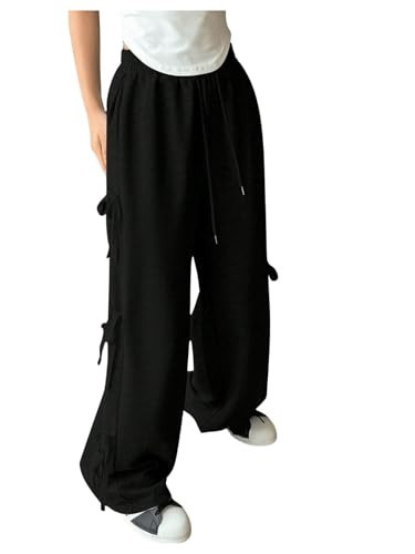OYOANGLE Women's Side Bow Tie Straight Leg Sweatpants Drawstring Elastic Waist Loose Athletic Sports Pants Black Medium | Amazon (US)