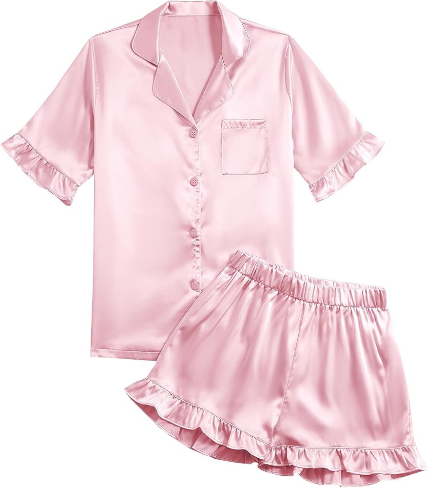 Umenlele Women's Satin Silky Collar V Neck Ruffle Short Sleeve Top and Shorts Sleepwear PJs Pajam... | Amazon (US)