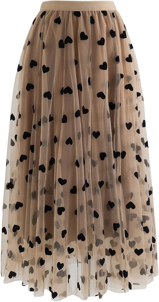 CHICWISH Women's Caramel/Dusty Blue/White/Black 3D Posy Double-Layered Mesh Midi Skirt | Amazon (US)