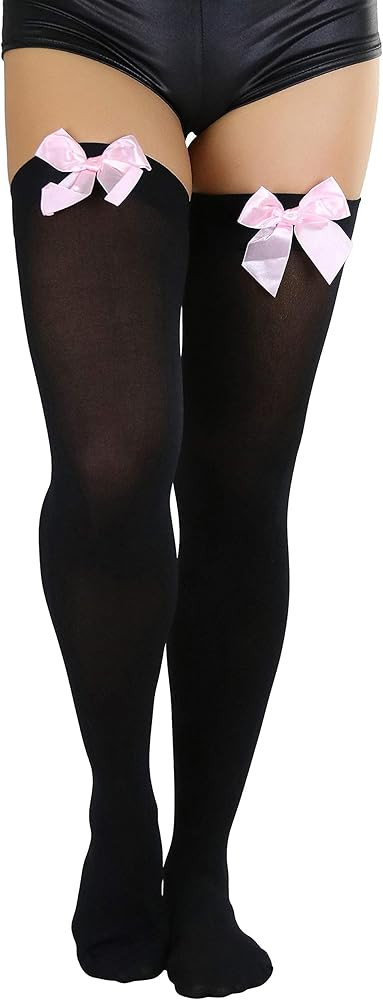ToBeInStyle Women's Opaque Satin Bow Accent Thigh Highs | Amazon (US)