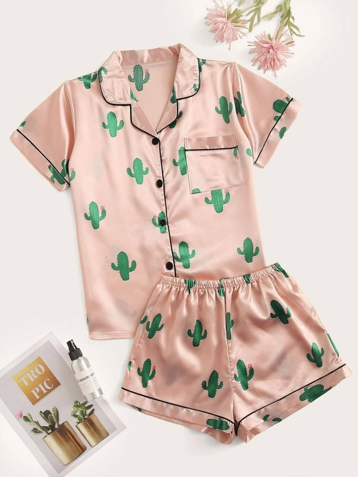 Cactus Print Satin Pajama Set | SHEIN