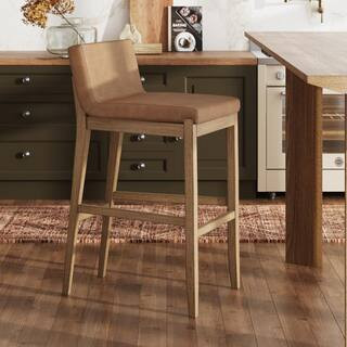 Gracie 29 in. Brushed Light Brown Low Back Solid Wood Bar Stool with Faux Leather Upholstered Seat | The Home Depot