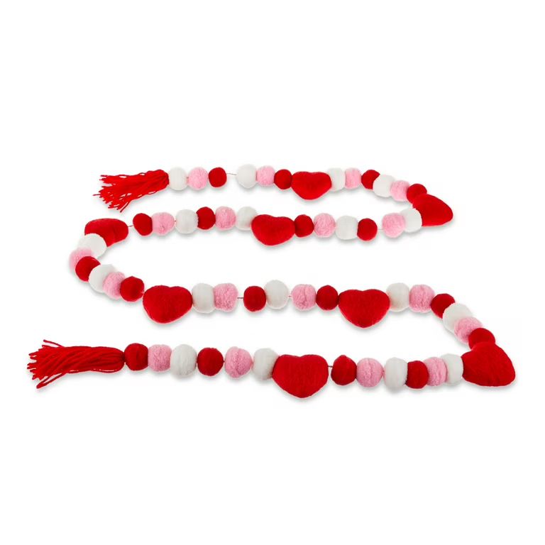 Valentine's Day 6 ft Red Heart Pom Pom Fabric Garland Decoration by Way To Celebrate | Walmart (US)